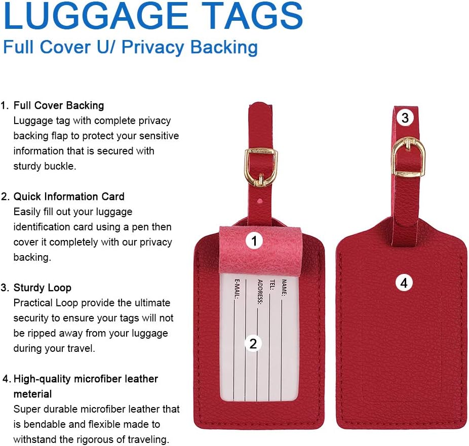 Luggage Tags, Microfiber Leather Personalized Suitcase Tag Set Luggage id Tags Labels Travel Accessories-Set of 4(Red) - Image 5