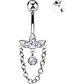 OUFER 14G Belly Rings, G23 Solid Titanium Internally Threaded Belly Button Rings, Clear CZ Chain Pendant Belly Button Piercing, Navel Piercing Jewelry For Women