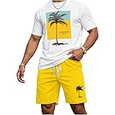 VIPWOLF Men's Casual Outfits 2 Piece Set Short Sleeve Tropical Graphic Tees and Beach Shorts