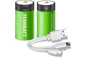TEMIBATT Rechargeable D Batteries, 2-Pack 1.5 Volt 12000mWh Li-ion D Battery for Household and Office Devices