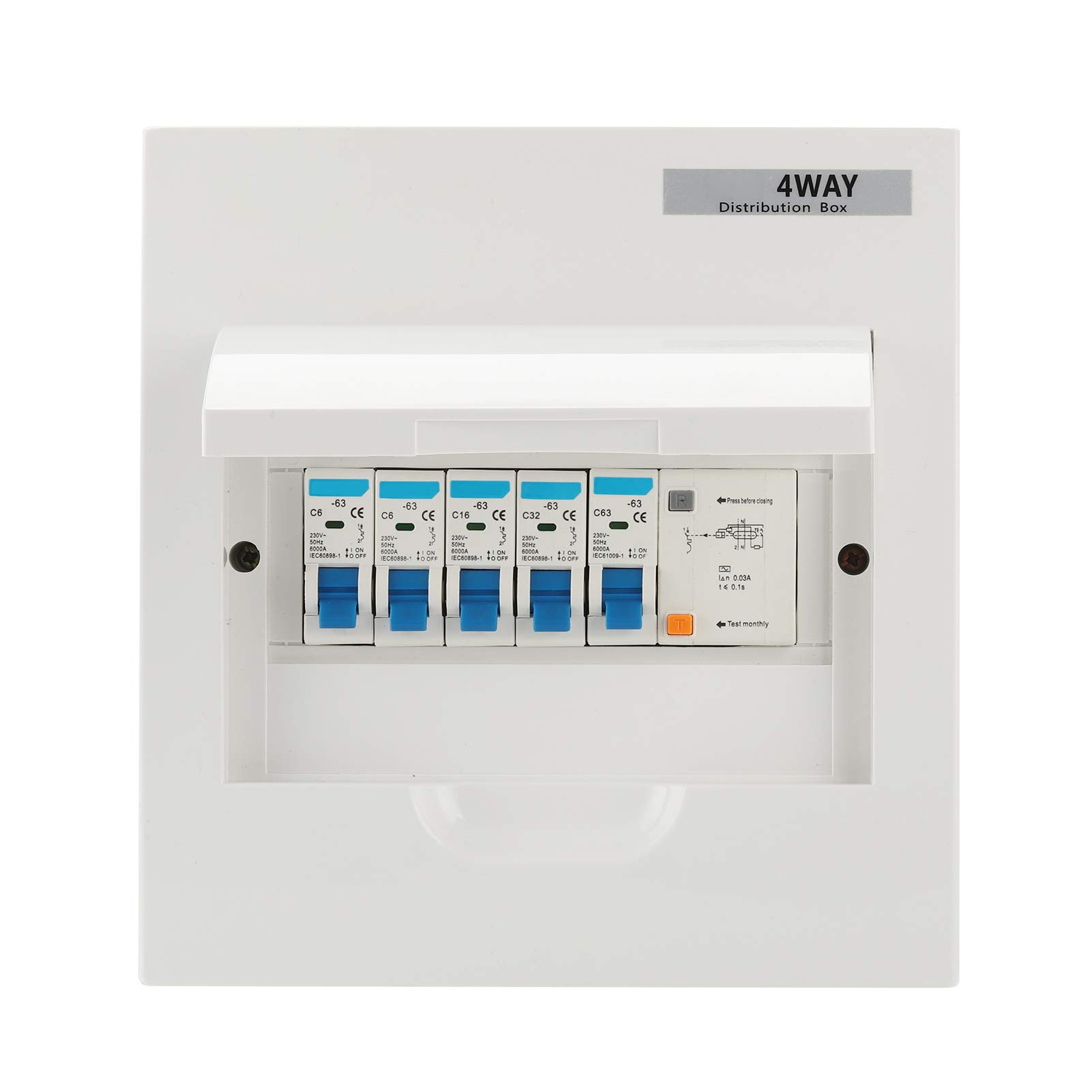 4 Way Consumer Unit Circuit Breaker Panel, Garage Consumer Unit Leakage Circuit Breaker Box Main Isolator Switch for Home Garage Caravan Workshop, 63A 30mA RCD + 4MCB(2x6A+16A+32A)