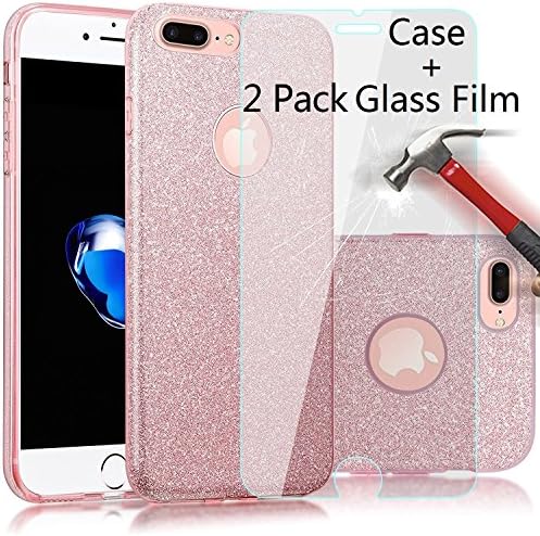 (2 Pack Glass Film+Case)Truecore iPhone 6 6s 4.7 Inch Case Kits, Fashion Luxury Protective Hybrid Beauty Crystal Rhinestone Sparkle Glitter Hard Diamond Case Cover For iPhone 6s/6 (3-Layer) (pink)