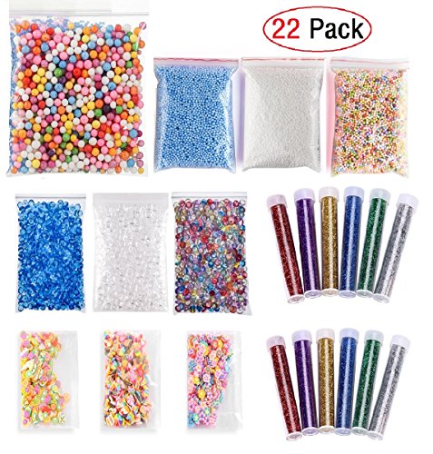 EDsports 22 Pack Slime Making Kits Supplies,Fishbowl Beads,Foam Balls,Glitter Shake Jars,Fruit Flower Candy Slices Accessories,DIY Art Craft for Homemade Slime, Wedding and Party Decoration