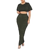 Euulin Women's 2 Piece Outfits Flare Sleeve Crop Tops Sexy Bodycon Jumpsuits Maxi Dresses Midi Ruched Skirt Sets