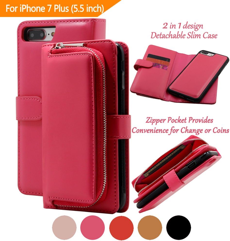 iPhone 7 Plus Wallet Case for Women with Magnetic Detachable Slim Case and Front Zipper Pocket for Changes, 4 Card Slots, Made with Premium Faux Leather in Deep Pink-By Paraponera