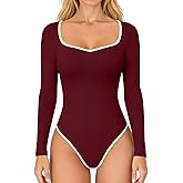 OQQ Women Bodysuit Contrast-Trim Square Neck Long Sleeve Stretch Bodysuit Tops
