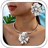 Dmaiy Silver Flower Necklace and Earrings Big Floral Choker Earring Necklaces Set Statement Pearl Choker Jewelry Set for Women