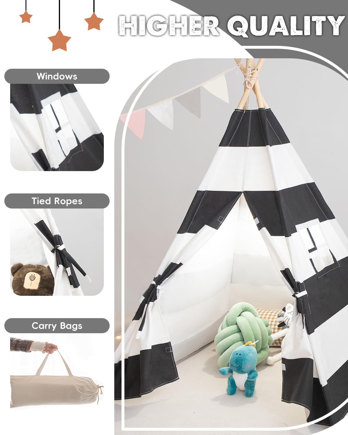 Kids Teepee Tent with Lights, and Carry Bag,Natural Cotton Canvas Washable Playhouse for Indoor Use,Ideal Play Tent for Girls and Boys (Stripe Black)
