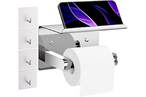 SOKABER Toilet Paper Roll Holder with Shelf + 4 Towl Sticky Hooks Self-Adhesive or Screw Mount Stainless Steel Bathroom & RV 