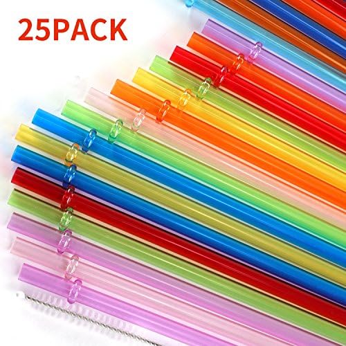 Herxuhouse 25 Pack 9-Inch & 10.5-Inch Rainbow Colored Reusable Plastic Replacement Straws for Tervis, Yeti, Signature, Starbucks Tumblers, with Cleaning Brush