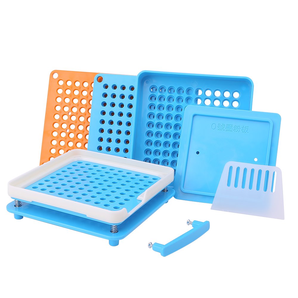 100 Holes (0#) Capsule Holder Tray with Spreader Second Generation Filling Machine Tool Gelatin Veggie Capsules For Vitamins, Coffee Powder Herbs (Blue)