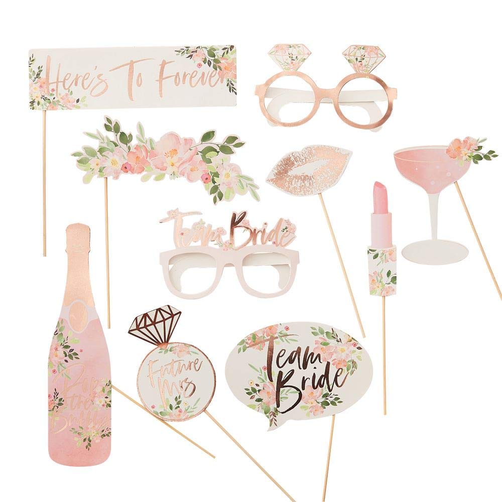 Ginger Ray Floral Rose Gold Foiled Hen Party Photo Booth Props -10 Pack - Floral Hen Party