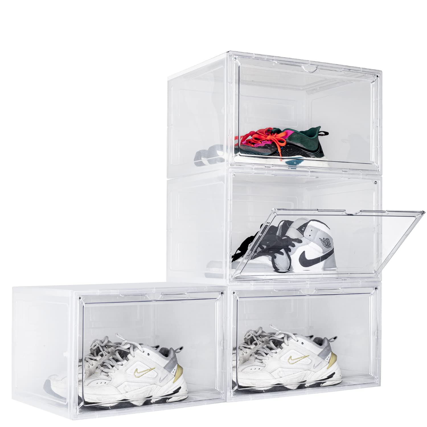 Shoe boxes X-Large Clear Plastic Stackable Side Door Sneaker Display Case Pack of 4, Shoe Containers for Closet with Lids Shoe Storage Boxes Fit Size Up to US Men's 14 (4 Pack Clear)