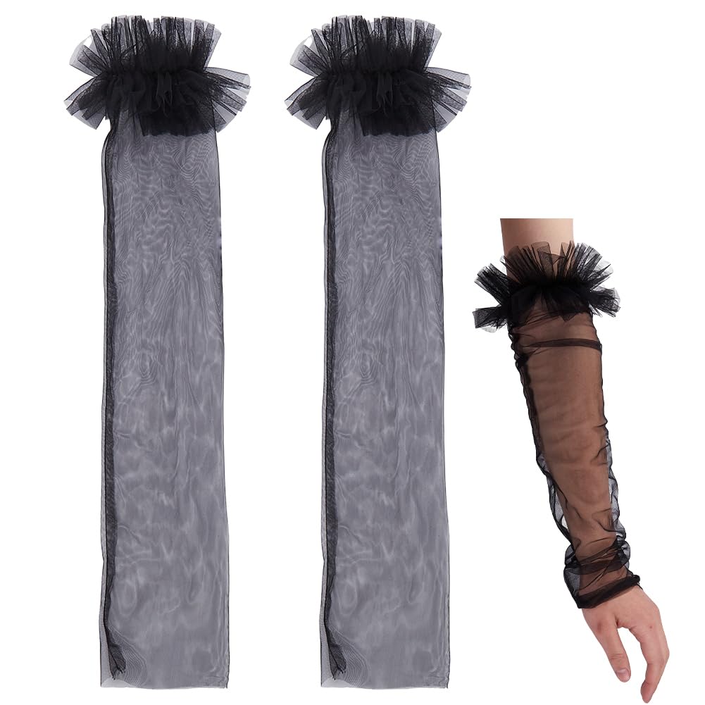 CABODYALS 1 Pair Black Tulle Arm Sleeves Puff Lace Gloves Gothic Sheer Mesh Removable Puffy Fingerless Detachable Long Vintage Floral Edging Punk Glove for Women Wedding Lolita Gowns Dresses Birthday