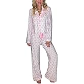 Comulish 2 Piece Pajama Set Women Valentin's Day Pjs Set Cute Heart Print Button Down Shirt+Pants Set Lounge Wear