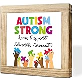 Wood Sign Autism Strong Love Support Educate Advocate Solid Wood Sign Rustic Home Accent For Wall Table Desk ASD Awareness Gift Support Signs for Autistic People Therapist Office Decor 5.9x5.9 Inch