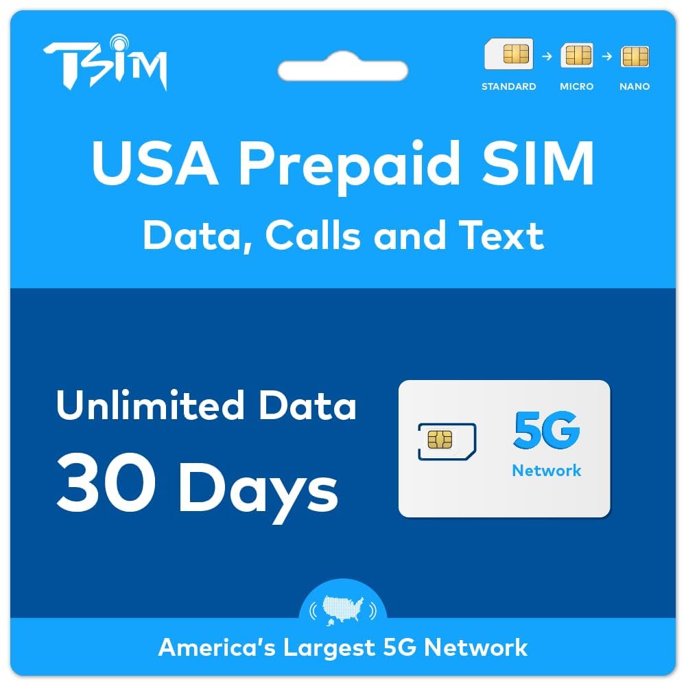 TSIM Prepaid USA SIM Card for Travel | Unlimited High Data, Unlimited Local Calls and Text for 30days | Get Local USA Number and Hotspot Sharing Allowed.