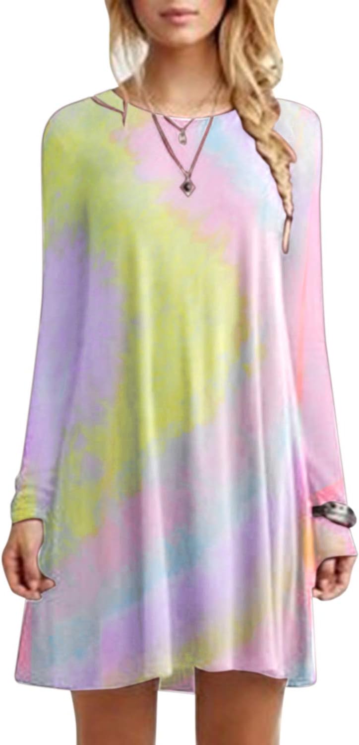 Women Mini Dresses Long Sleeve Casual Loose Tunic Round Neck Long Tshirt Mini Dress
