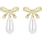 Voaino Pearl Earrings for Women 18K Gold Plated White Teardrop Lightweight Simple Pearl Dangling Earrings for Brides Weddings Jewelry for Women Girls