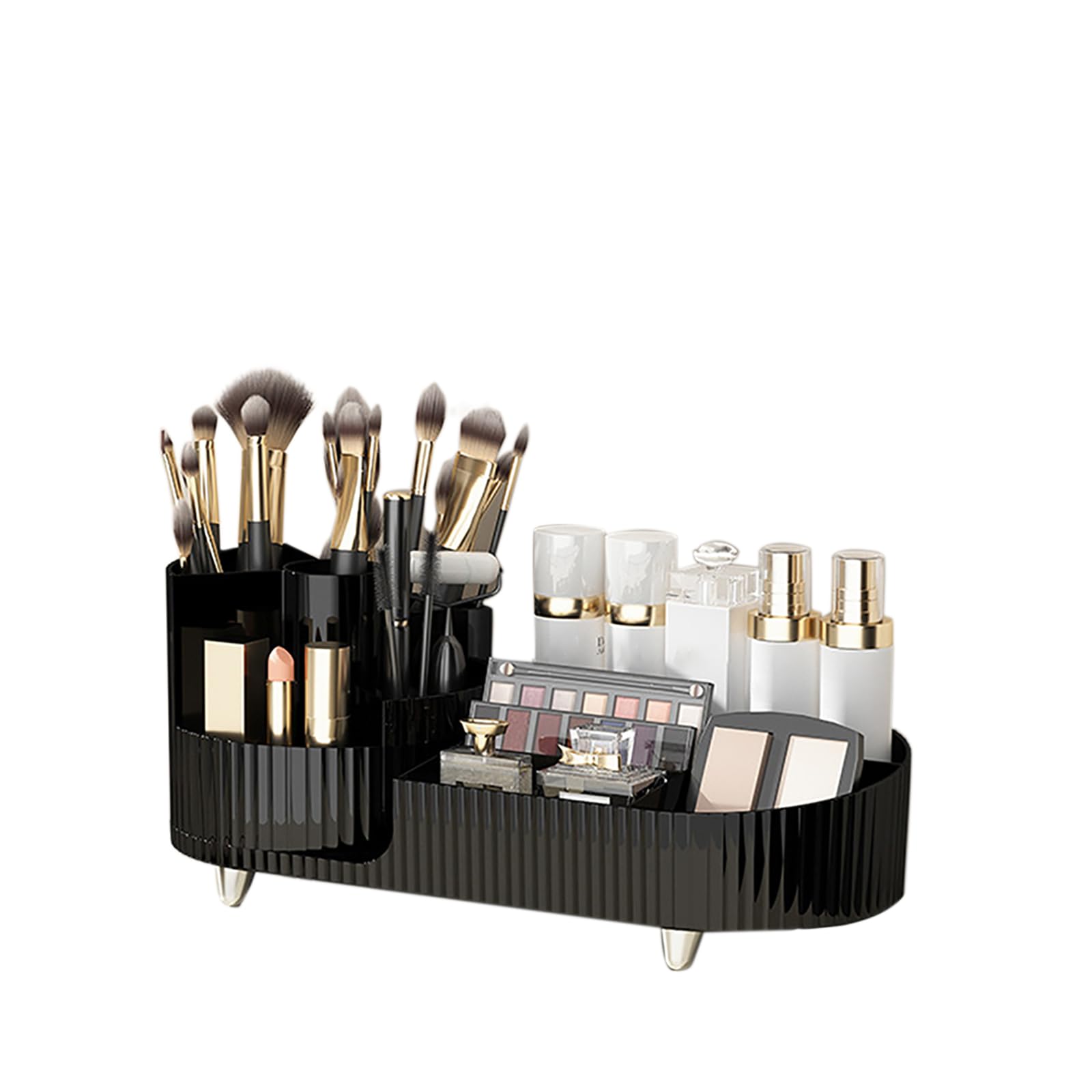 Glorlliant Makeup Organsier, 360°Rotating Cosmetic Organiser, Multiple Compartment Storage Skincare Tabletop Organizer for Dresser, Bathroom, Bedroom,Black
