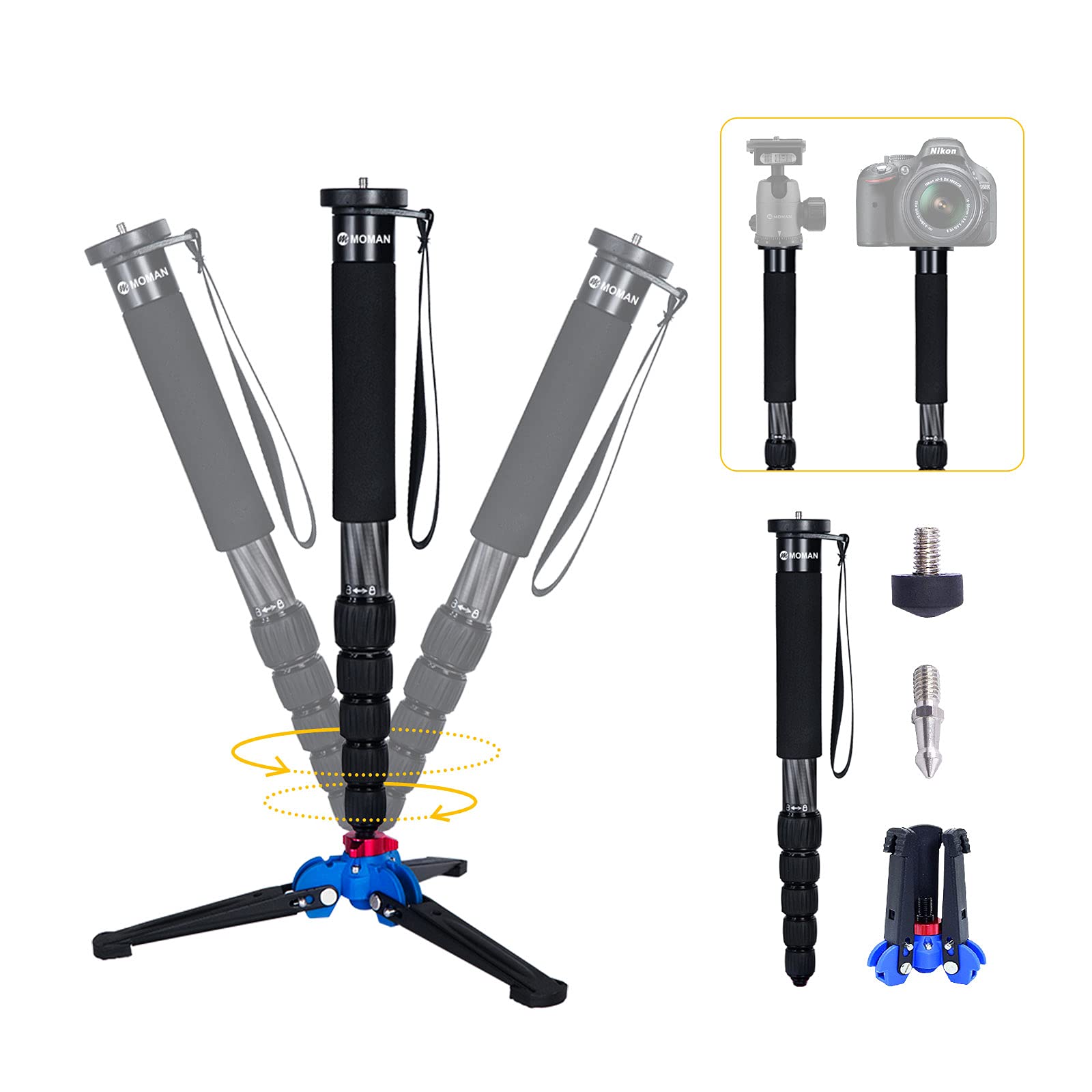Carbon Fiber Monopod, Moman C60 6-Section Camera Monopods with Removable Base, 165cm Max Height 5kg Max Payload, 1/4” & 3/8” Screw Mount for DSLR Mirrorless DV, Carbon-Fiber-Monopod-DSLR-Camera