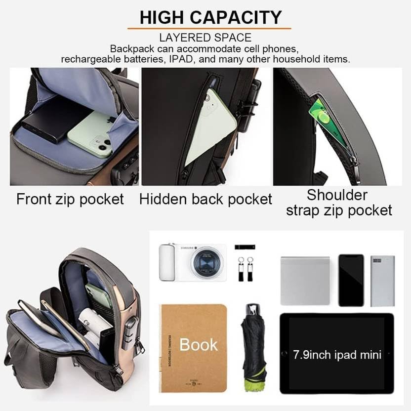 Careflection Anti-Theft Sling Backpack, PU Leather Crossbody Bag with USB Charging Port, Waterproof Travel Shoulder Bag for Men and Women, Multiple Storage Pockets 4