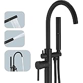 BESy Freestanding Bathtub Faucet Tub Filler Free Standing Floor Mount Stand Brass Bathroom Tub Faucets with 2 Function Hand Shower Wand Swivel, Matte Black Finish