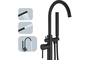 BESy Freestanding Bathtub Faucet Tub Filler Free Standing Floor Mount Stand Brass Bathroom Tub Faucets with 2 Function Hand Shower Wand Swivel, Matte Black Finish