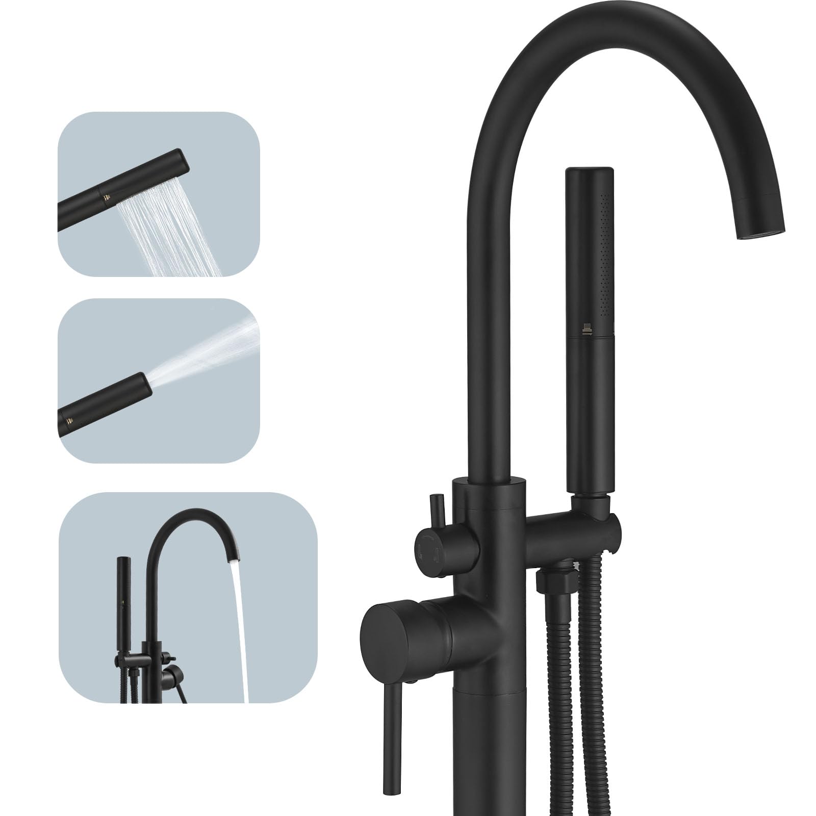 Photo 1 of **ASSEMBLY INSTRUCTIONS INCLUDED** BESy Freestanding Bathtub Faucet Tub Filler Free Standing Floor Mount Stand Brass Bathroom Tub Faucets with 2 Function Hand Shower Wand Swivel, Matte Black Finish