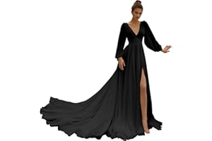 Huaxiafan Beach Long Sleeve Wedding Dresses for Bride V Neck Empire Waist Slit A Line Chiffon Bridal Gown with Train