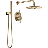 Delta Modern 14 Series Round Rain Shower System Faucet Set, Rainfall Brushed Gold Shower Head and Handle Set, Valve Trim Kit, 10 Inch, Champagne Bronze 342702-CZ