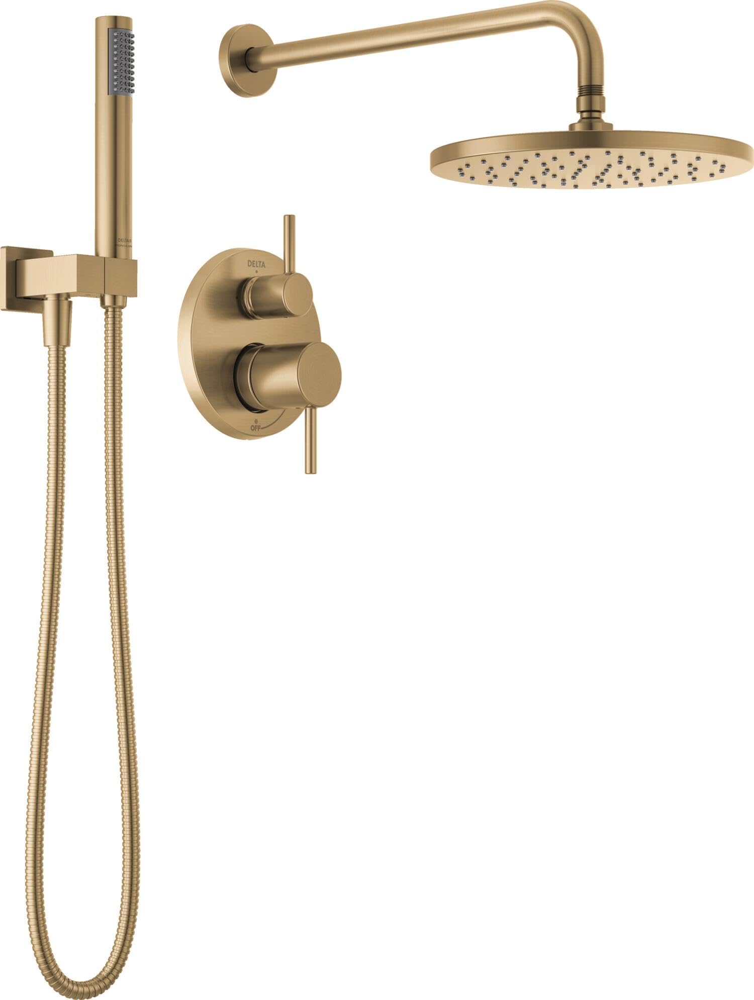 Photo 1 of Delta Modern 14 Series Round Rain Shower System Faucet Set, Rainfall Brushed Gold Shower Head and Handle Set, Valve Trim Kit, 10 Inch, Champagne Bronze 342702-CZ