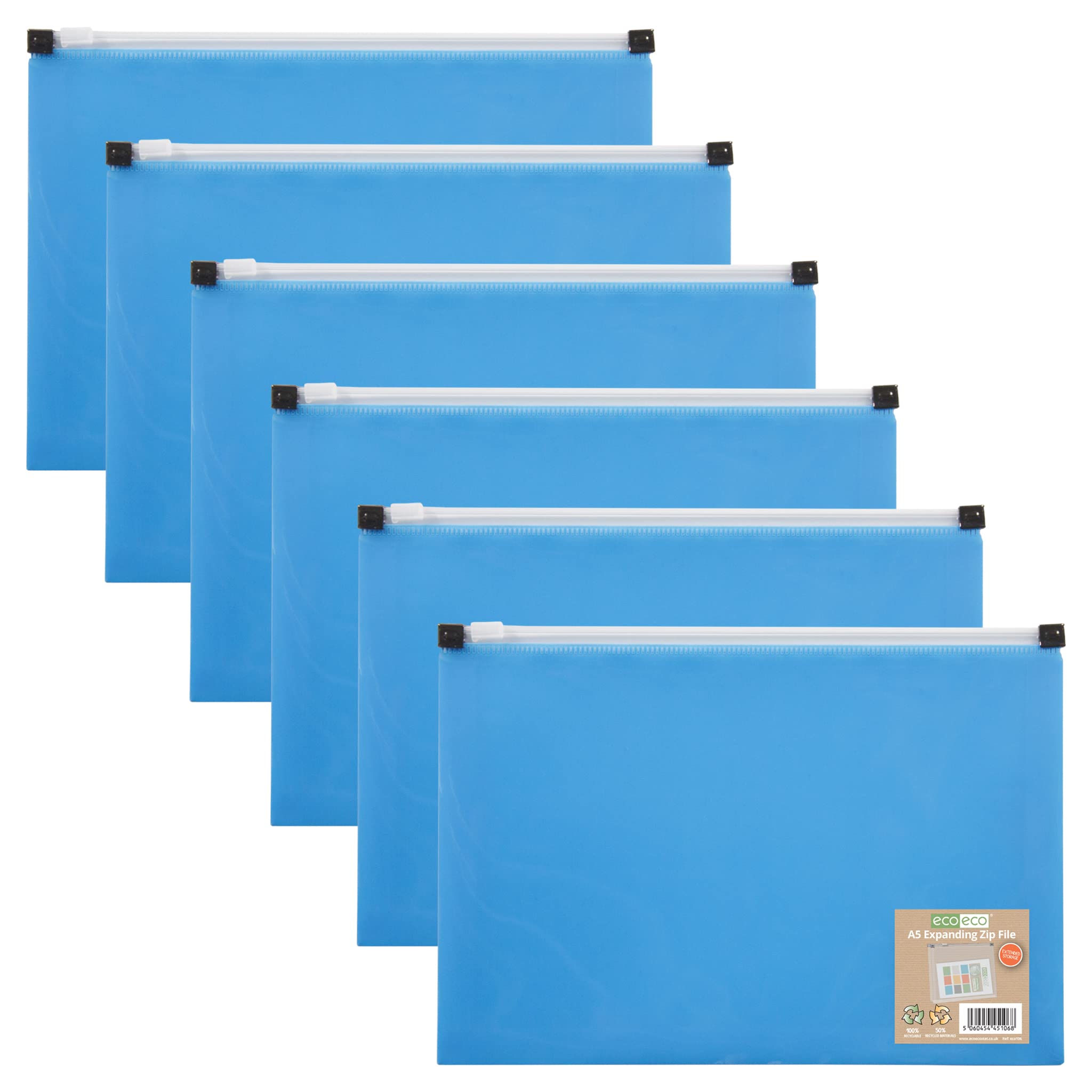 eco-eco A5 50% Recycled Expanding Zipper Expanding File Wallet,Blue (Pack of 6),eco106x6BLUE
