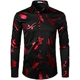 ZEROYAA Mens Hipster 3D Golden Rose Floral Printed Slim Fit Long Sleeve Button Down Dress Shirts