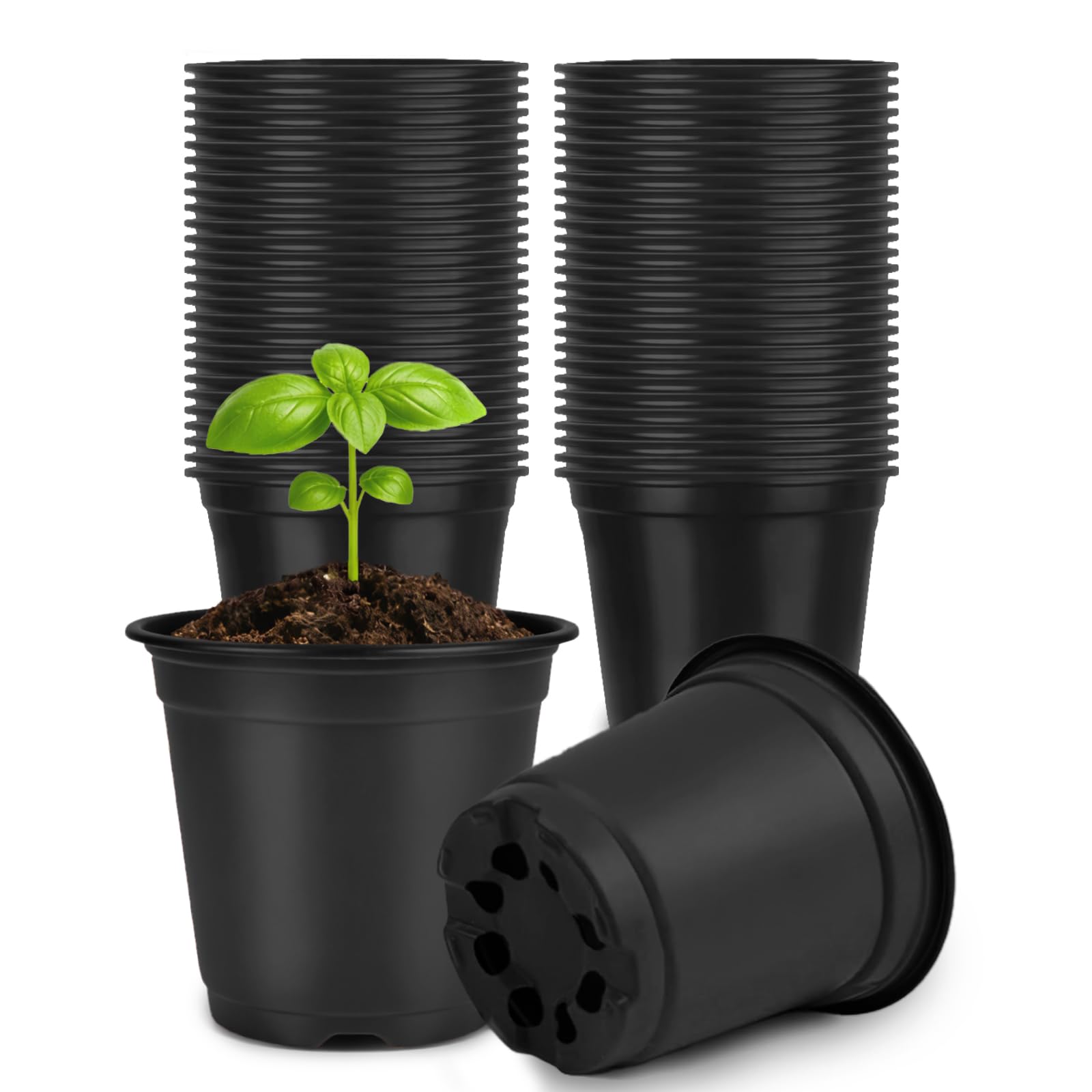 KINGLAKE 100Pcs Plastic Plant Pots 10cm Black Seed Seedling Pots Flower Nursery Pots for Vegetables,Flowers,Herbs,Cuttings, Succulent