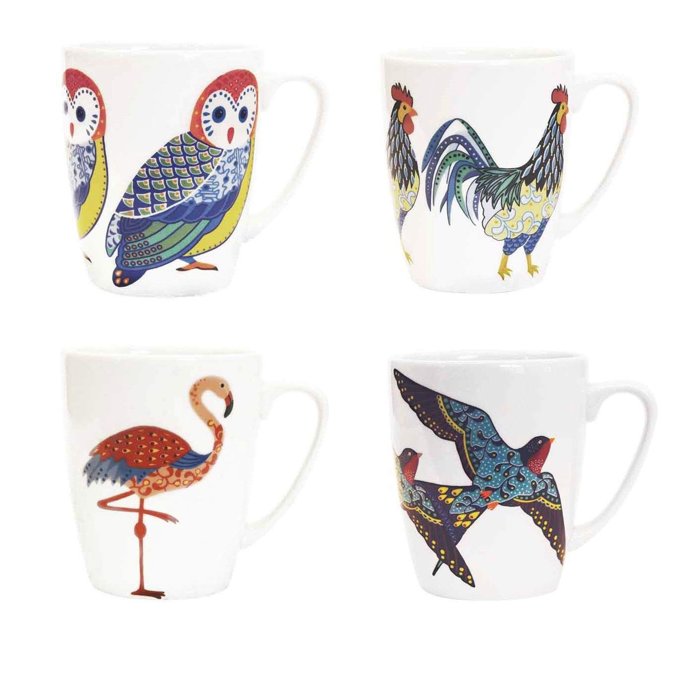 Churchill China Queens Paradise Birds Colourful Owl Flamingo Swallows Rooster Mug Cup Set of 4 400ml - New Oak Design- British Made