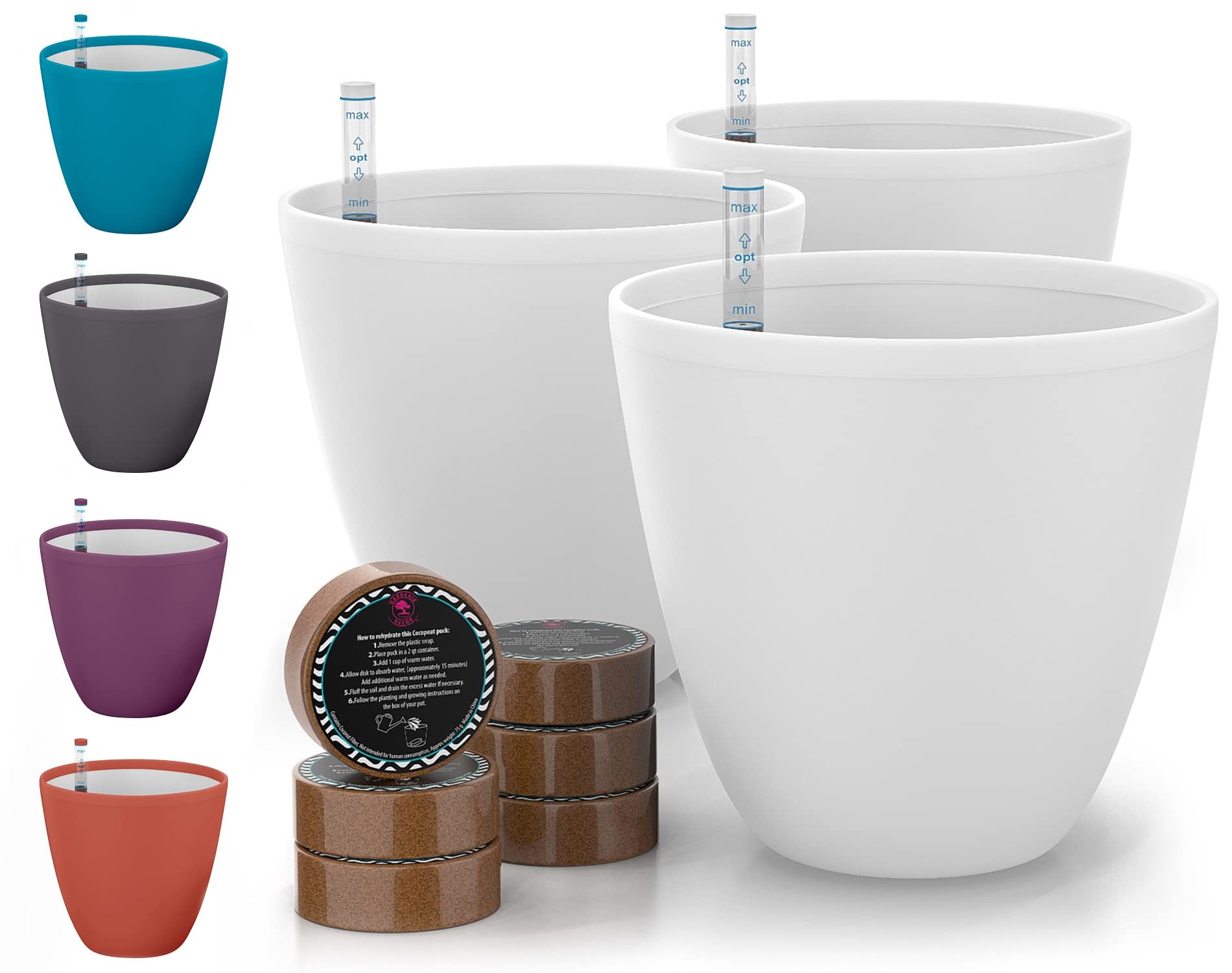 Photo 1 of GARDENIX DECOR Self Watering Pots for Indoor Plants 3 Pack - Flower Pot with Water Level Indicator for Plants, Grow Tracking Tool - Self Watering Planter Plant Pot - Coco Coir - White