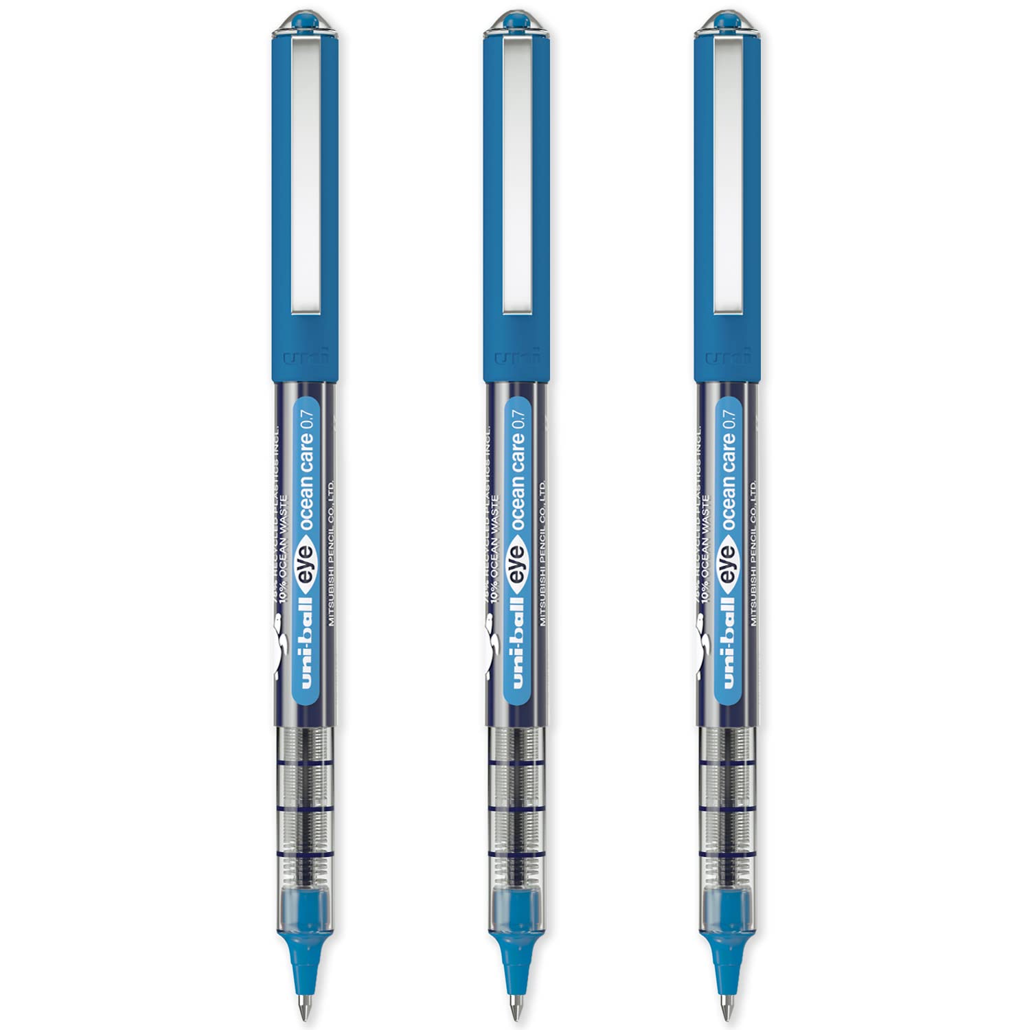 uni-ball Eye Ocean Care UB-157ROP Blue Rollerball Pens. Fine 0.7mm Ballpoint Tip for Super Smooth Writing, Drawing, Art, Crafts and Colouring. Fade and Water Resistant Liquid Uni Super Ink. 3 Pack — image 1