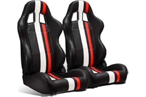 ModifyStreet 1 Pair Universal Black PVC Leather Red/White Strip Racing Bucket Seats