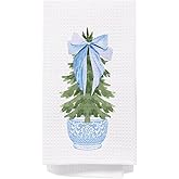 SPBL&L Chinoiserie Christmas Kitchen Towels, Light Blue Porcelain Chinoiserie Christmas Tree Hand Towels, 16x24 Inch