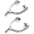 SALUTUYA Horse Spurs,1 Pair Boot Spurs Roller Ball Spurs 3.35x3.15inch Stainless Steel Silver Engraved Bumper Spurs Style Horse Boot Spurs with Gear for Horse Training