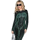 Baashaba Women's Long Sleeve Bodycon Dress Sexy 3D Body Print Cutout Knit Fitted Tight Long Maxi Club Party Dresses