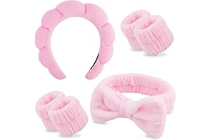Chanaco Spa Headband and Wristband Set Skincare Headband Pink Puffy Makeup Headband Face Wash Headband Sponge Hair Band Wrist Bands for Washing Face Skin Care Teen Girl Gifts Trendy Stuff