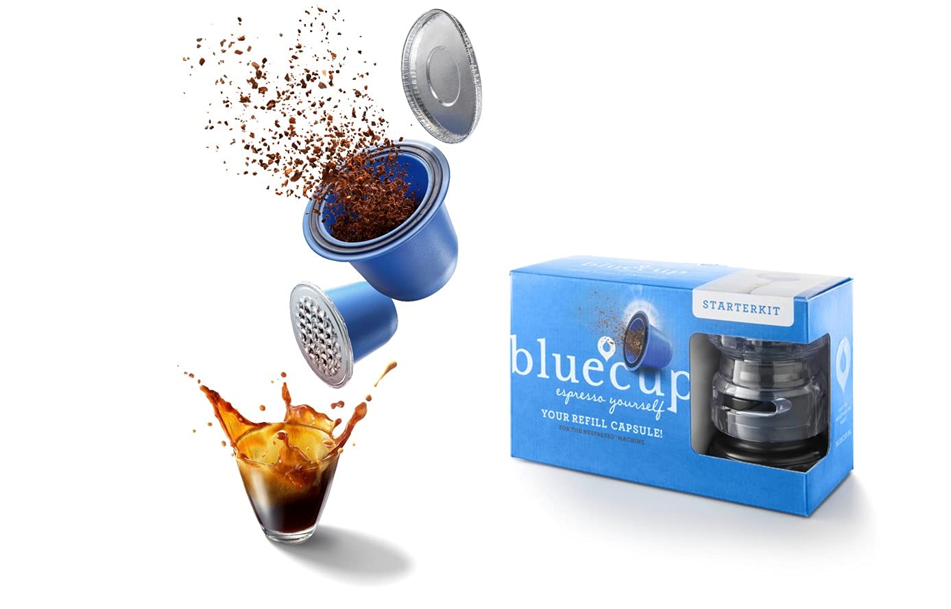 Bluecup Reusable & Refillable Nespresso Pods (Original Line) – 25% More Coffee for a Bolder Espresso | Starter Kit [2 Capsules + 100 Lids + Sealer + Spoon]