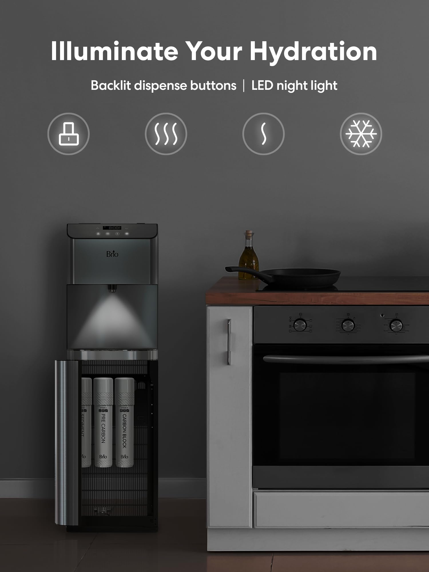 Brio Moderna Self Cleaning Bottleless Water Cooler Dispenser with Filtration – Adjustable Temperature – Digital Clock – LED Nightlight – Tri Temp Hot, Cold, and Room