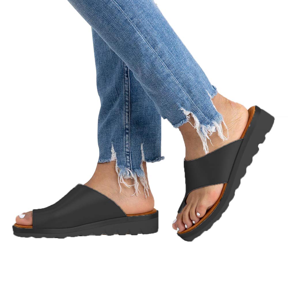 FIRENGOLI Womens Bounions Sandals Platform Slippers Summer Flip Flops Slide Sandals Casual Toe Ring Sandal Flats BLACK42 (10)