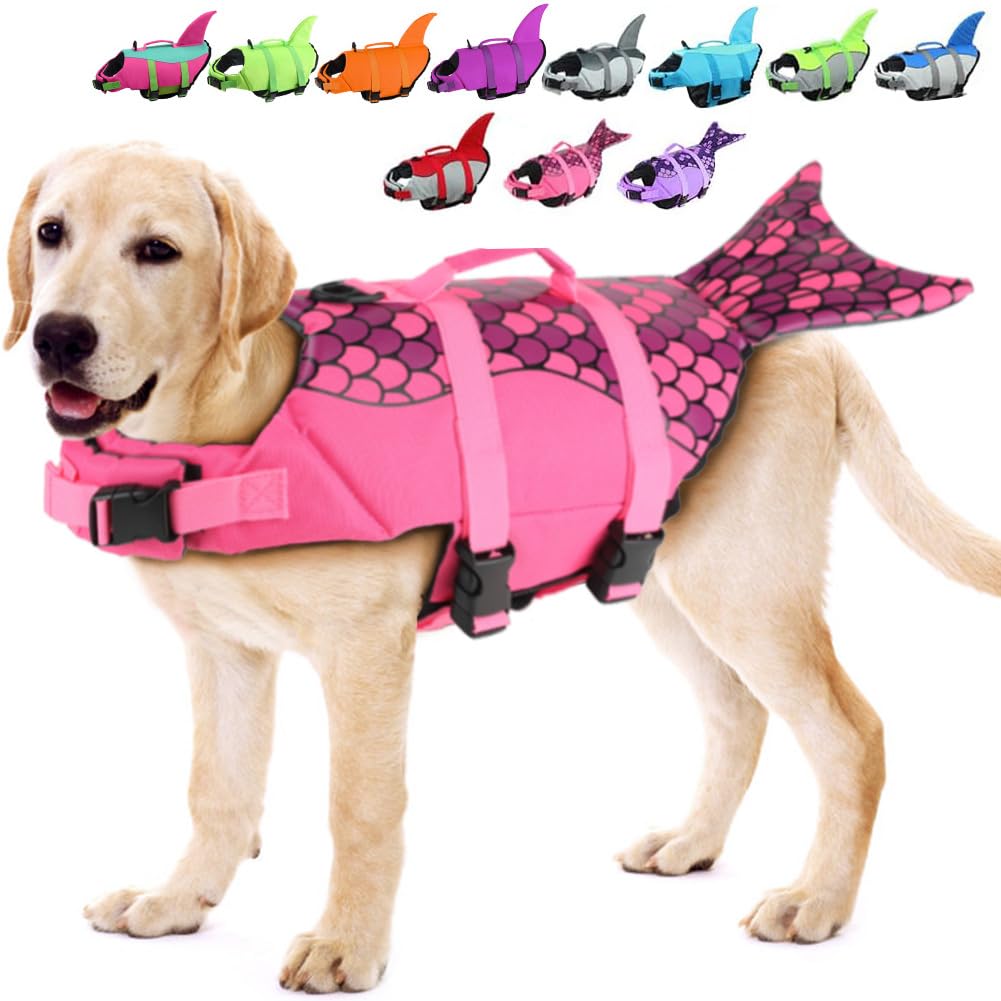 EMUST Mermaid Life Jackets for Dogs, Adjustable Small / Medium / Large Dog Life Vest for Water Safety, Pet Life Vest with Rescue Handle, Safety Vest for Swimming Pool, the Beach, Boating, L