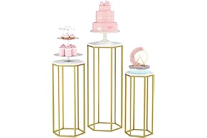 Urban Deco Cylinder Stands for Party, Set of 3 Gold Metal Hexagon Cake Pedestal Stand with Marbled Countertop, Flower Plant Pedestal Stands for Display Parties Wedding Birthday Decor, 3PCS, Gold