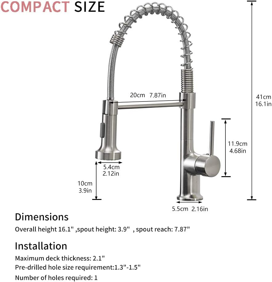 GIMILI Kitchen Faucet with Pull Down Sprayer Commercial Single Handle Lever Spring Kitchen Sink Faucet Brushed Nickel - - 