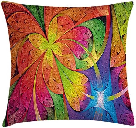 Fractal Throw Pillow Cushion Cover, Vibrant Rainbow Colored Floral Pattern with Vivid Contrast Curved Leaves Artisan Print, Decorative Square Accent Pillow Case, 18 X 18 Inches, Multi